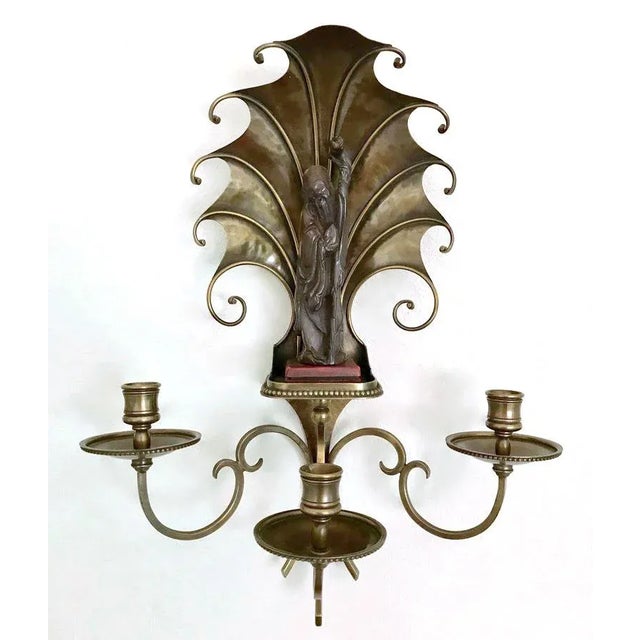 Pair of very unique Art Deco style handcrafted bronze or brass wall sconces featuring Shou Xing, Chinese god of longevity,...