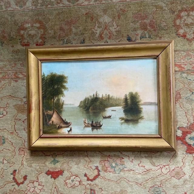 Canadian Oil on Canvas of an Indian Camp on the St. Lawrance. Unsigned school of Cornelius Krieghoff. Gilt Frame supplied...