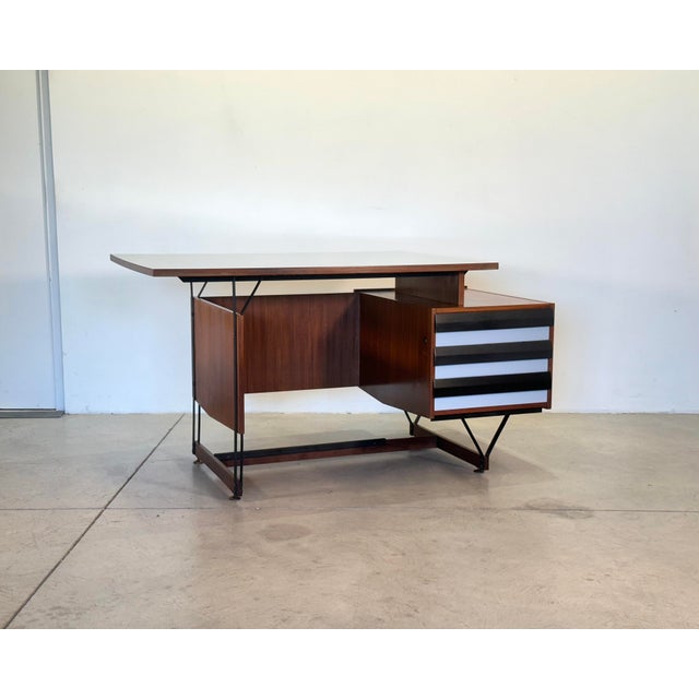 1960s desk by Enzo Strada for Fratelli Tenani, teak and iron frame, Formica top, minor signs of wear, repainting the wood...