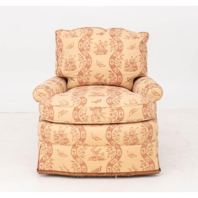 Late 20th Century Toile De Jouy Upholstered Club Chair and Ottoman For Sale - Image 5 of 13