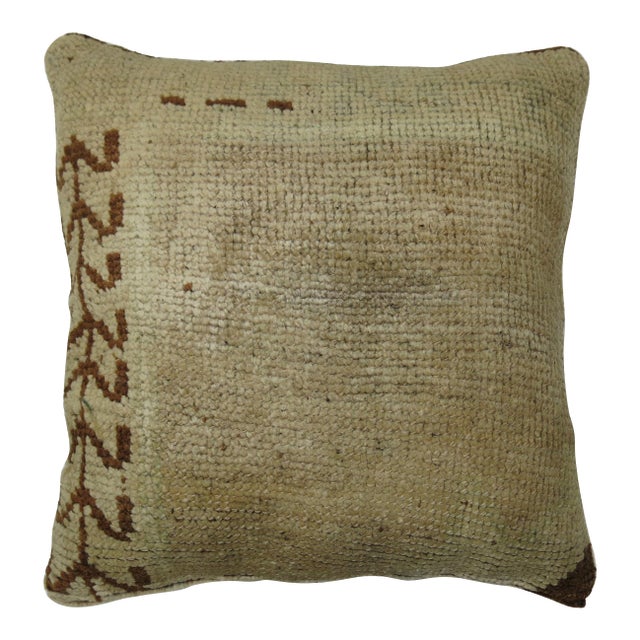 Minimalist Beige Brown Vintage Turkish Oushak Rug Pillow For Sale
