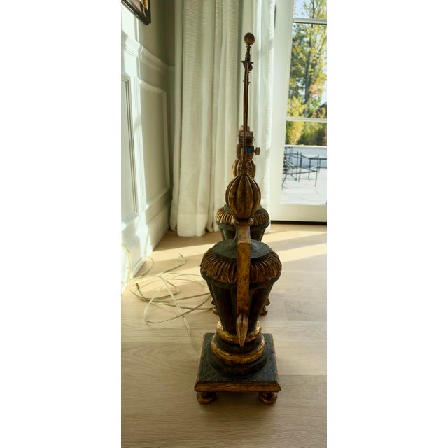 Vintage Hand-Carved Italian Parcel-Gilt Neoclassical Greek Key Urn Lamps With Original Parchment Shades - Pair For Sale In Chicago - Image 6 of 11