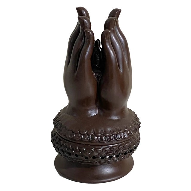 Chinoiserie Chinoiserie Large Ceramic Buddha Hands Sculpture Incense Burner For Sale - Image 3 of 8