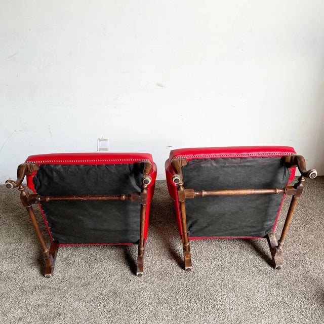 Traditional Red Faux Leather Wingback Chairs - a Pair For Sale - Image 9 of 11