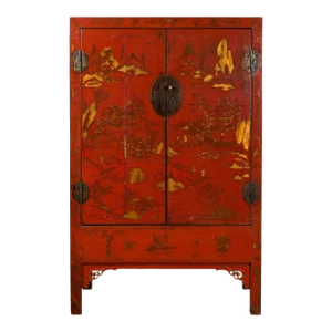 Chinese Qing Dynasty 19th Century Red Lacquer Cabinet with Gold Chinoiseries