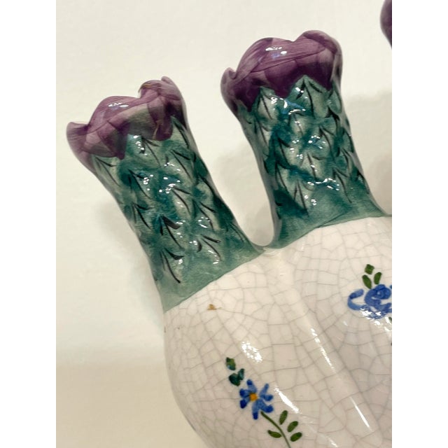 Ceramic Vintage French Country Floral Painted Tulipiere Ceramic Vase, Purple & Green For Sale - Image 7 of 12