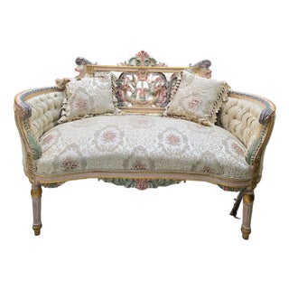 French Rococo-Style Sofa – Pastel Floral Upholstery With Ornate Gold Leaf & Carved Frame For Sale