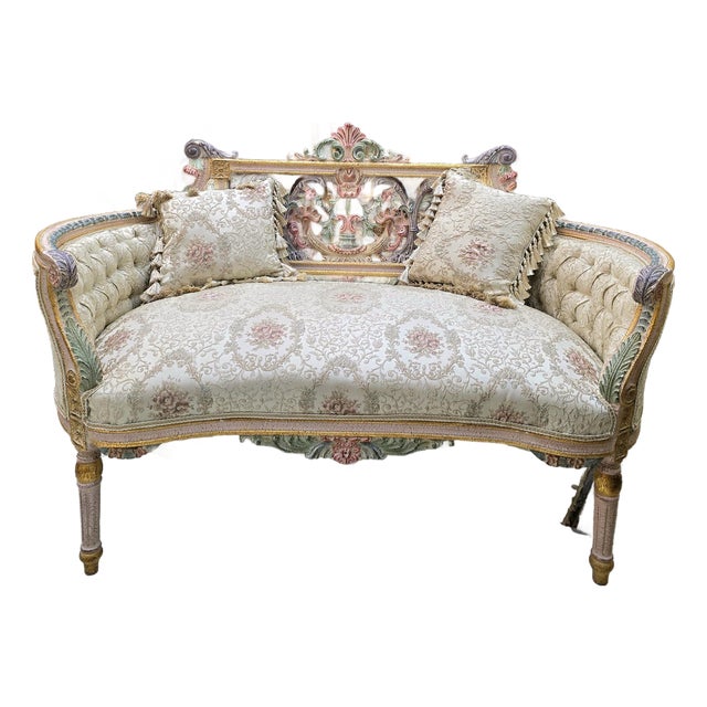 French Rococo-Style Sofa – Pastel Floral Upholstery With Ornate Gold Leaf & Carved Frame For Sale