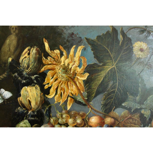 Still Life Oil on Canvas Painting: Flowers and Fruit For Sale - Image 9 of 14