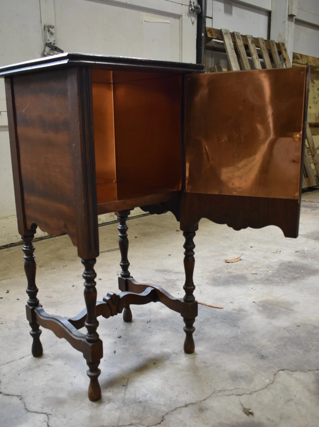 Antique 1920s Copper-Lined Smoking Cabinet Side Table W/ Turned Legs