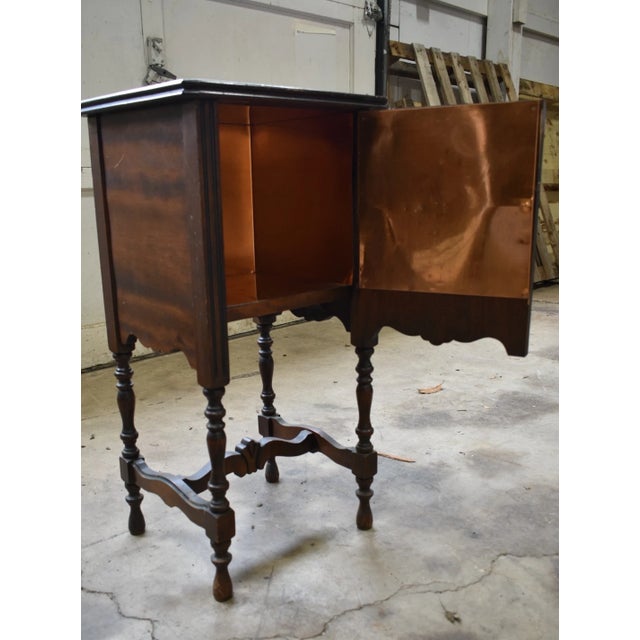 Traditional Antique 1920s Copper-Lined Smoking Cabinet Side Table W/ Turned Legs For Sale - Image 3 of 8