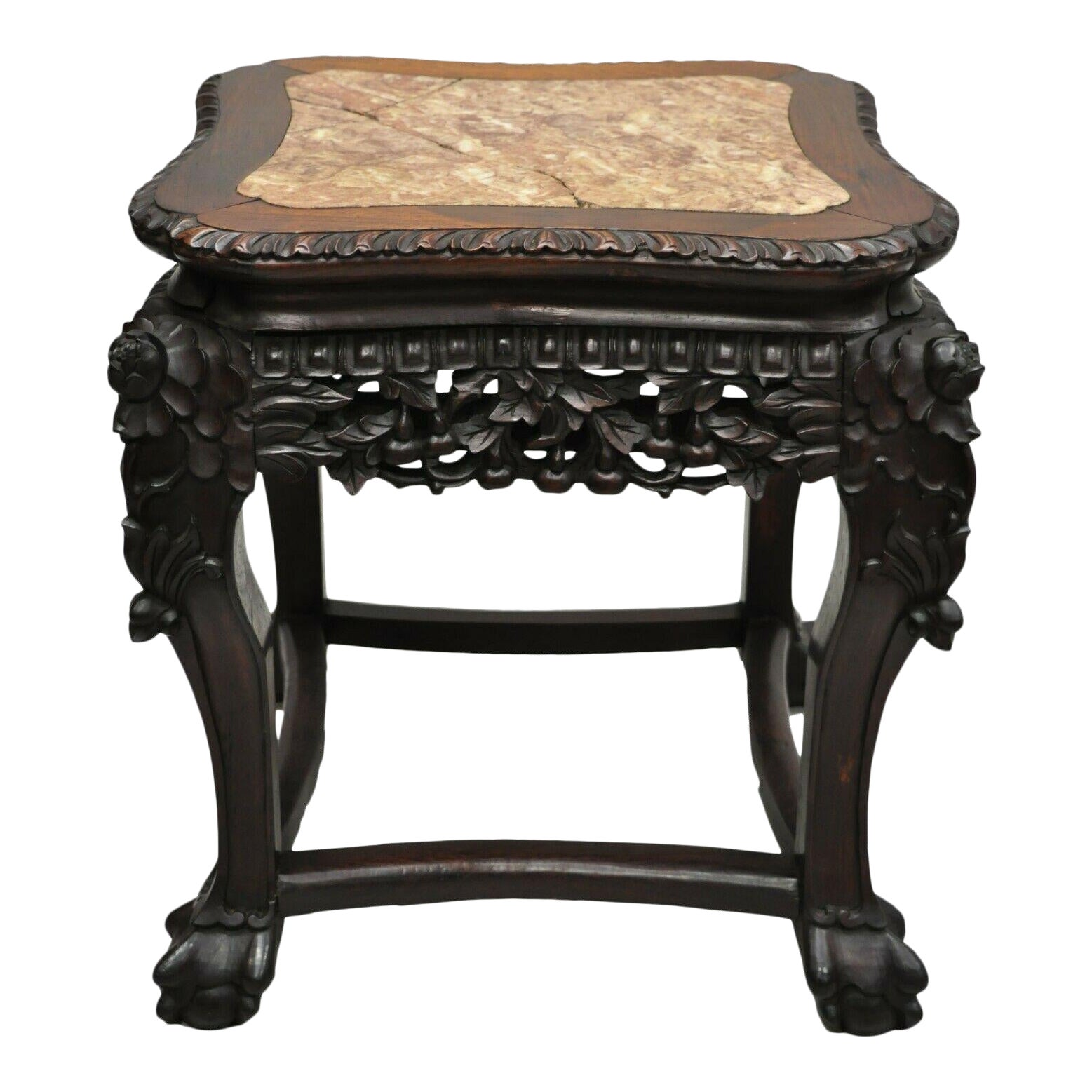 Antique Chinese Carved Hardwood Rosewood Marble Top Pedestal Table