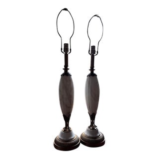 Vintage Mid-Century Modern Neoclassical Carved Alabaster & Brass Spindle Table Lamps - A Pair. For Sale