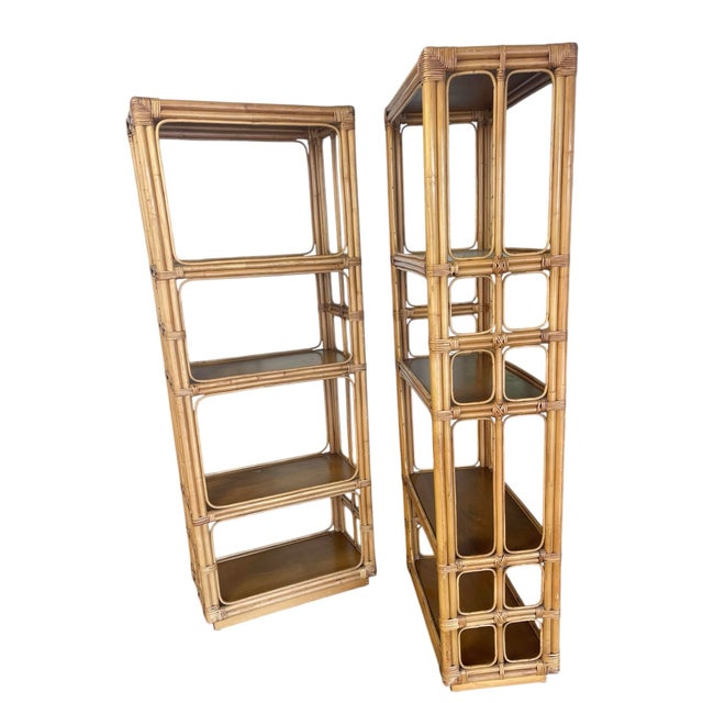 Hollywood Regency Vintage Tall Architectural Palm Beach Style Rattan Étagères, Pair For Sale - Image 3 of 12