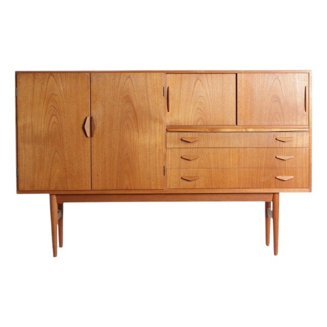 1960s Danish High Sideboard in Teak With Mirror Backed Bar For Sale