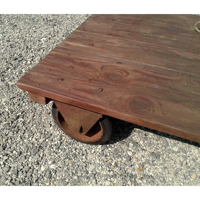 American Vintage Primitive Industrial Small Garden Cart Platform Table, Rustic Wood & Iron Coffee Table For Sale - Image 3 of 10