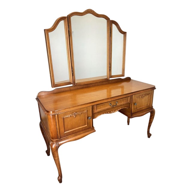 Vintage French Louis Style Oak Dressing Table with Mirror For Sale