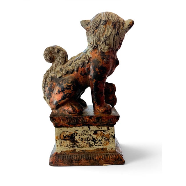Japanese Pair of Vintage Japanese Cast Metal Guardian Lion Foo Dog Sculptures For Sale - Image 3 of 6