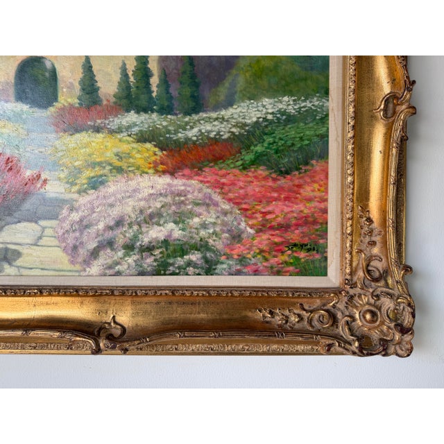 1990's Joe Yu Impressionist Garden Entrance Landscape Oil on Canvas Painting – Framed For Sale - Image 9 of 12