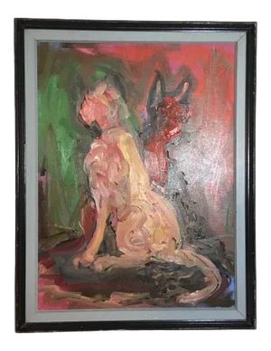 Vintage Abstract Impressionist Oil on Canvas Painting of Cats, Framed