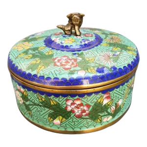 Early 20th Century Antique Chinese Cloisonne Jade Green Box W/Lid "China" Foo Dog Finial