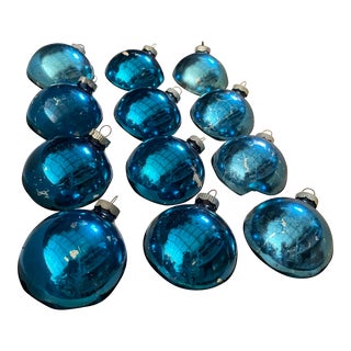 Mid Century Modern Blue Mercury Glass Christmas Ornaments- Set of 12 For Sale