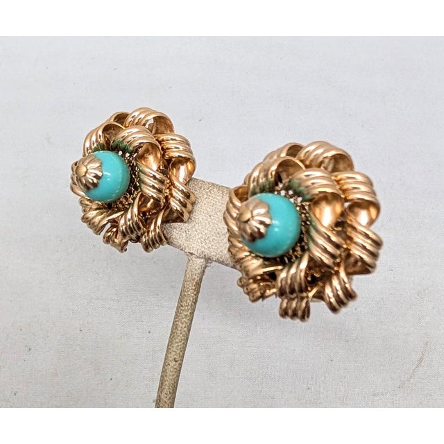 Mid-Century Modern Vintage 1950s Signed Napier Goldtone Faux-Turquoise Clip Earrings-2 Pieces For Sale - Image 3 of 7