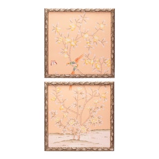 Chinoiserie Silk Wallpaper Diptych, Blush Silk in Folate Carved Silver-Leafed Frame For Sale