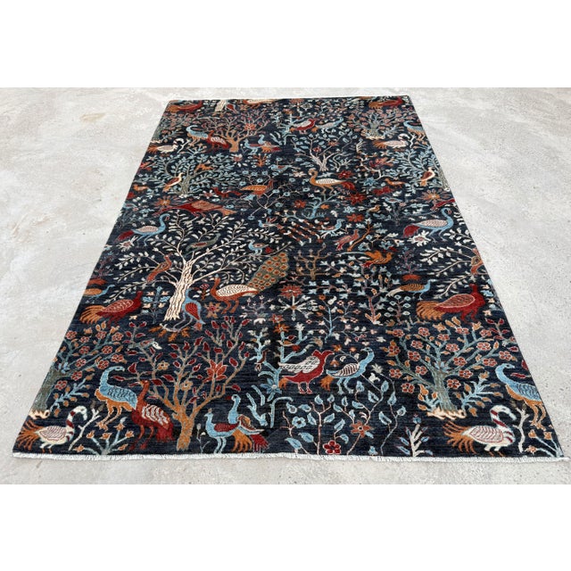 Tree of Life Area Rug, Hand-Knotted Wool, Pictorial, 6x9, Navy & Rust For Sale - Image 4 of 11