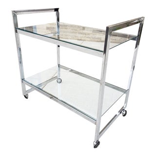 Mid Century Modern Milo Baughman Style Rolling Chrome Bar Cart For Sale