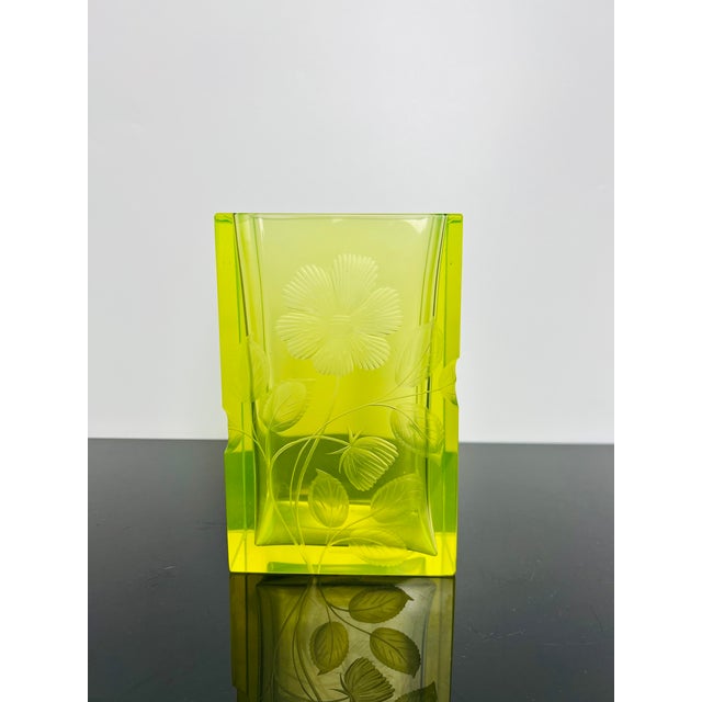 Karlsbad Uranium Glass Vase with Hand-Engraved Floral Décor by Moser, Czechoslovakia, 1920s For Sale - Image 3 of 13