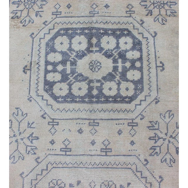 Vintage Turkish Oushak Runner in Medium Blue, Lt. Blue & Tan Background For Sale - Image 9 of 12
