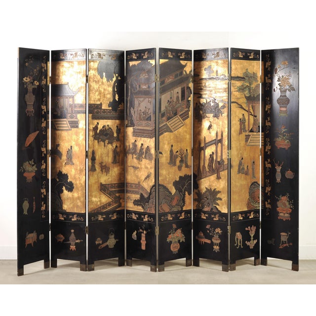 Chinese Chinese Export Eight-Panel Coromandel Screen Gilt Pavilion 10 Ft For Sale - Image 3 of 18