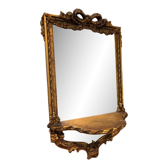 Antique Ornate Small Wall Mirror With Gold Toned Frame and Integrated Shelf For Sale