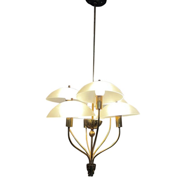 Mid-Century Italian Chandelier Brass Art Glass Florence Italy Luigi Brusotti For Sale