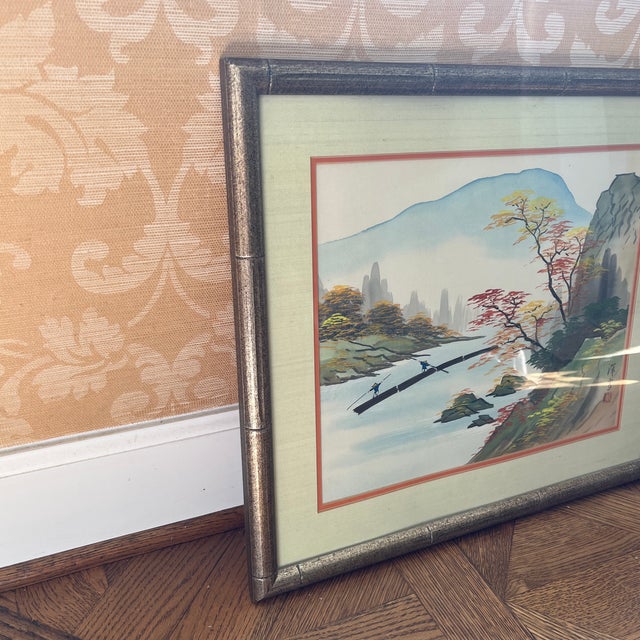 Mid 20th Century Original Japanese Watercolor Signed/Artist Certified Faux Bamboo Frame For Sale - Image 4 of 10