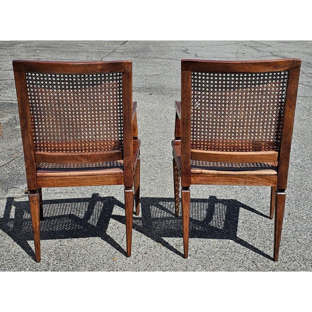 Wood Mid 20th Century Pair of Neoclassical Style Caned Seat and Back Patinated Walnut Arm Chairs For Sale - Image 7 of 9