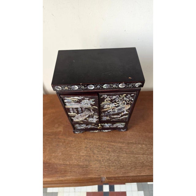 Chinoiserie Vintage Chinese Mother of Pearl Jewelry Cabinet Lacquer Wood Inlaid Peacock Bird Miniature Chest Drawers Asian Decor For Sale - Image 3 of 12