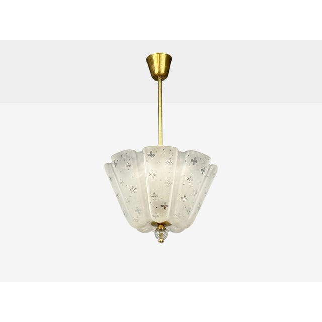 Nils Landberg, Rare Chandelier, Etched Glass, Brass, Sweden, 1940s For Sale - Image 4 of 13