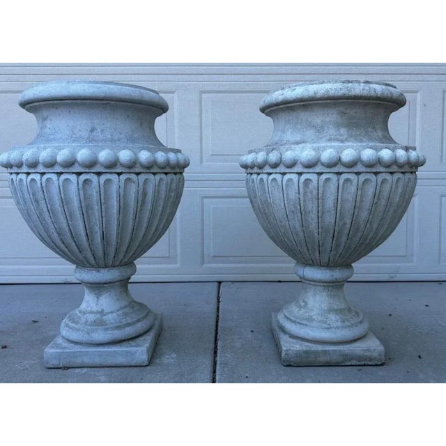 Neoclassical Beaded White Cement Fluted Pedestal Urn Planters - Set of 2 For Sale - Image 4 of 12