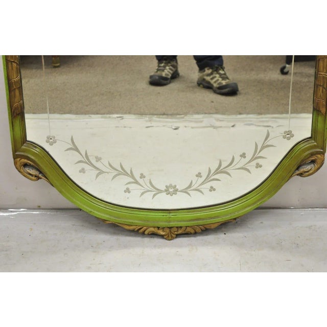 Wood Early 20th Century French Louis XVI Style Plume Swan Carved Green Painted Leafy Etched Wall Mirror For Sale - Image 7 of 11