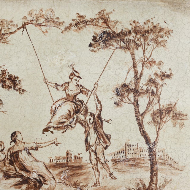 Vintage Hand Painted Tole Tray Cream With Sepia Rococo Garden Swing Scene Rectangular Serving Tray For Sale - Image 9 of 13