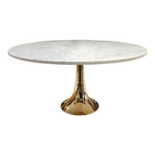 Round Table in White Grey Veined Marble with Brass Base, 1970s For Sale