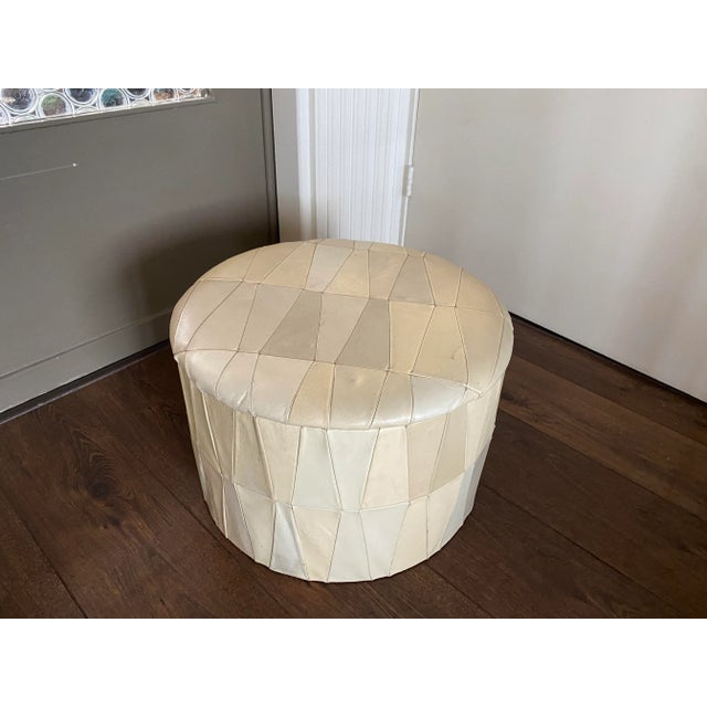 Vintage, Mid-Century beige leather patchwork on wooden frame footstool, pouf, ottoman, storage 1960s