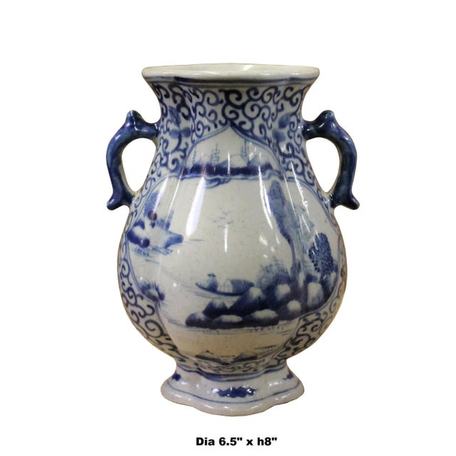 Chinese Blue White Porcelain Scenery Graphic Flower Shape Vase For Sale In San Francisco - Image 6 of 7