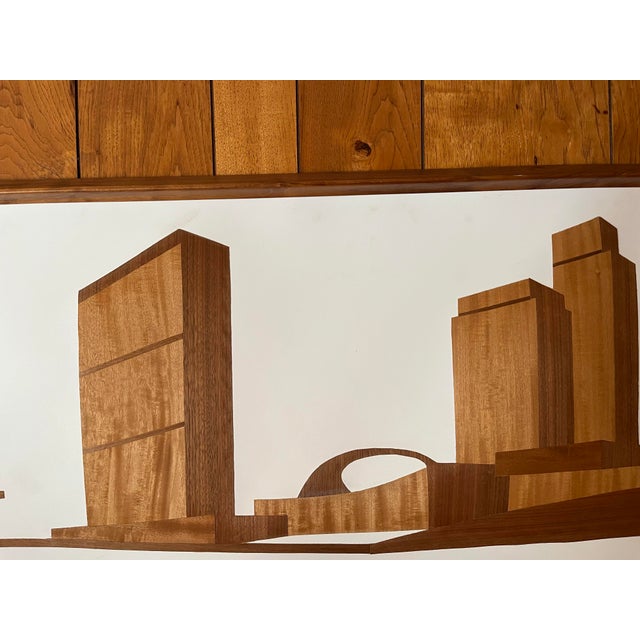 Mel Quimby Attr. 1960s Wood Veneer Cityscape Silhouette Framed Wall Art For Sale - Image 12 of 12