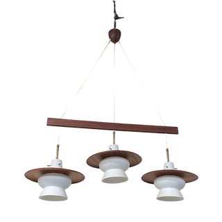 3-Light Pendant Lamp in Teak and Opal Glass, 1960s For Sale