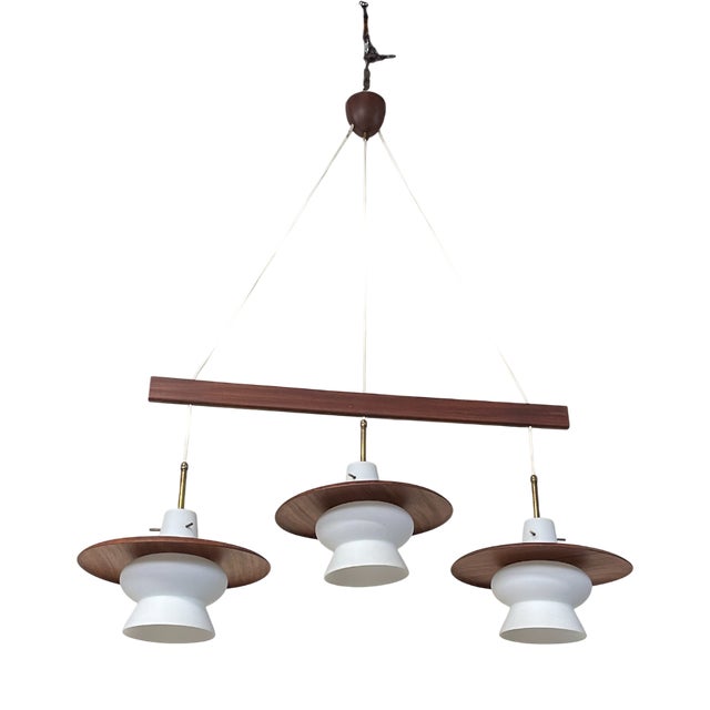 3-Light Pendant Lamp in Teak and Opal Glass, 1960s For Sale
