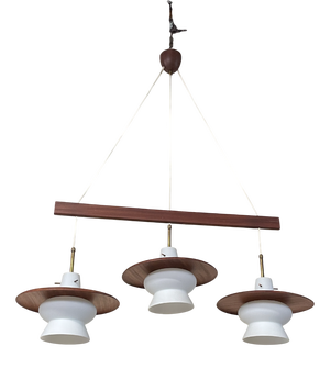 3-Light Pendant Lamp in Teak and Opal Glass, 1960s