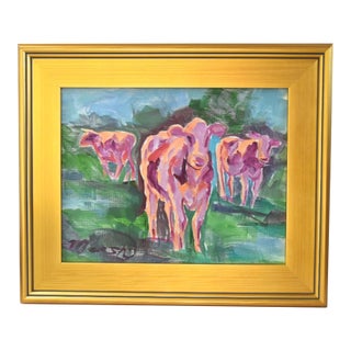 Impressionist Abstract Fun Pink Cows Painting Including the Antiqued Gold Wood Frame For Sale